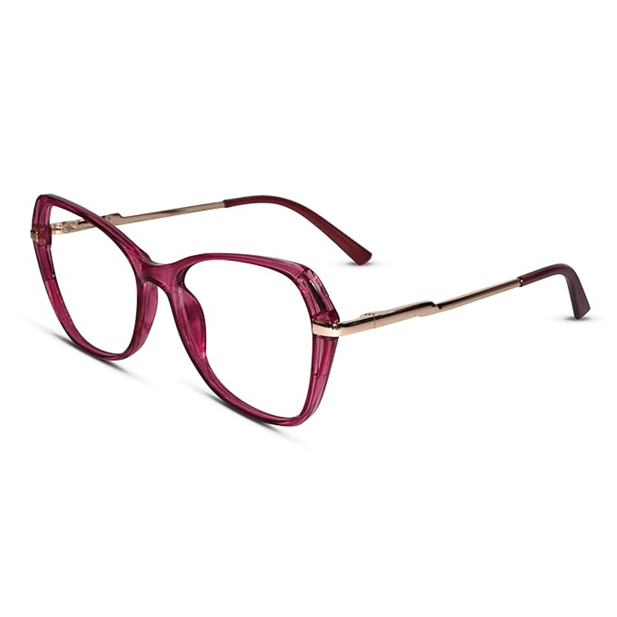 Explore Pink gold cat eye anti-glare glasses. Elegant rose-toned oversized eyewear featuring metallic arms for digital eye relief.