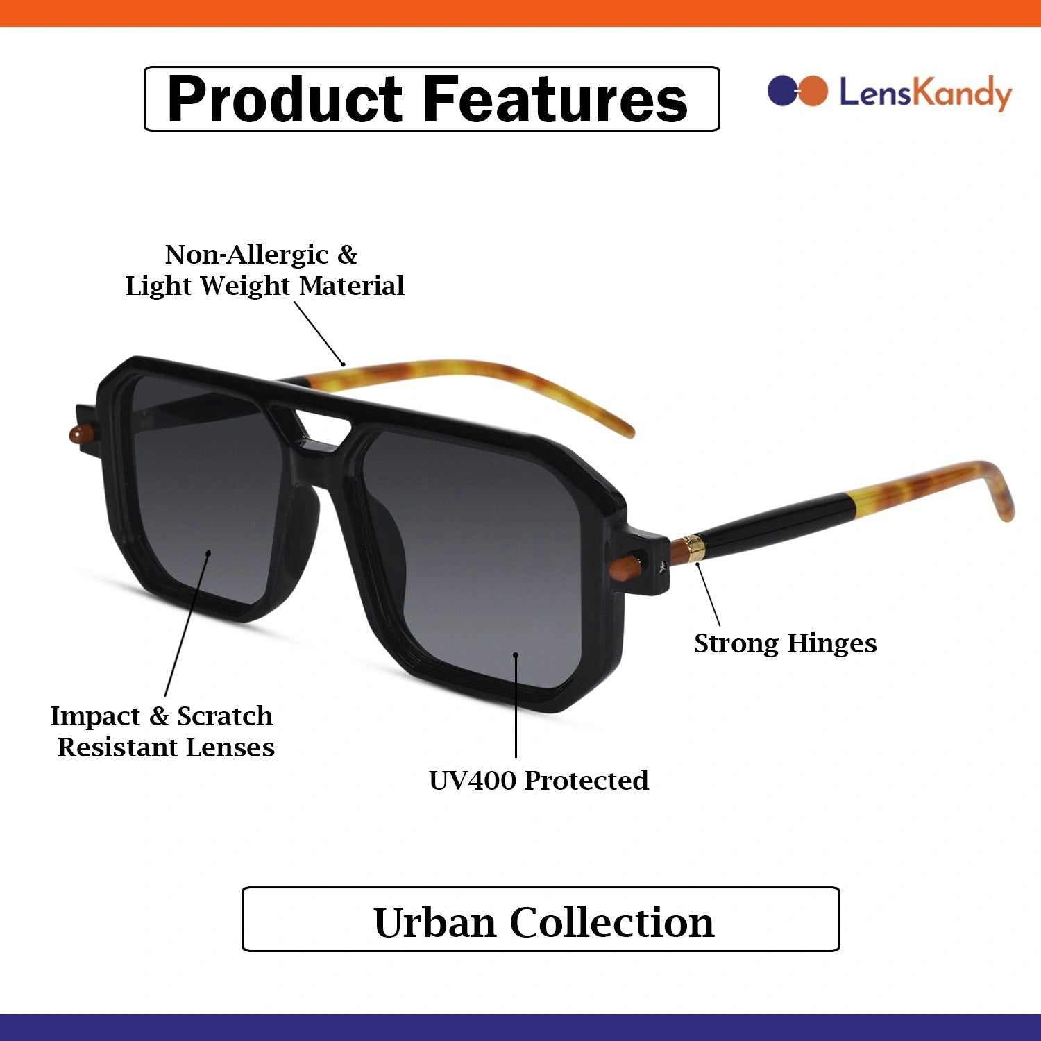 Urban Marshall Designer Black Sunglasses For Men LKS8709-BLK