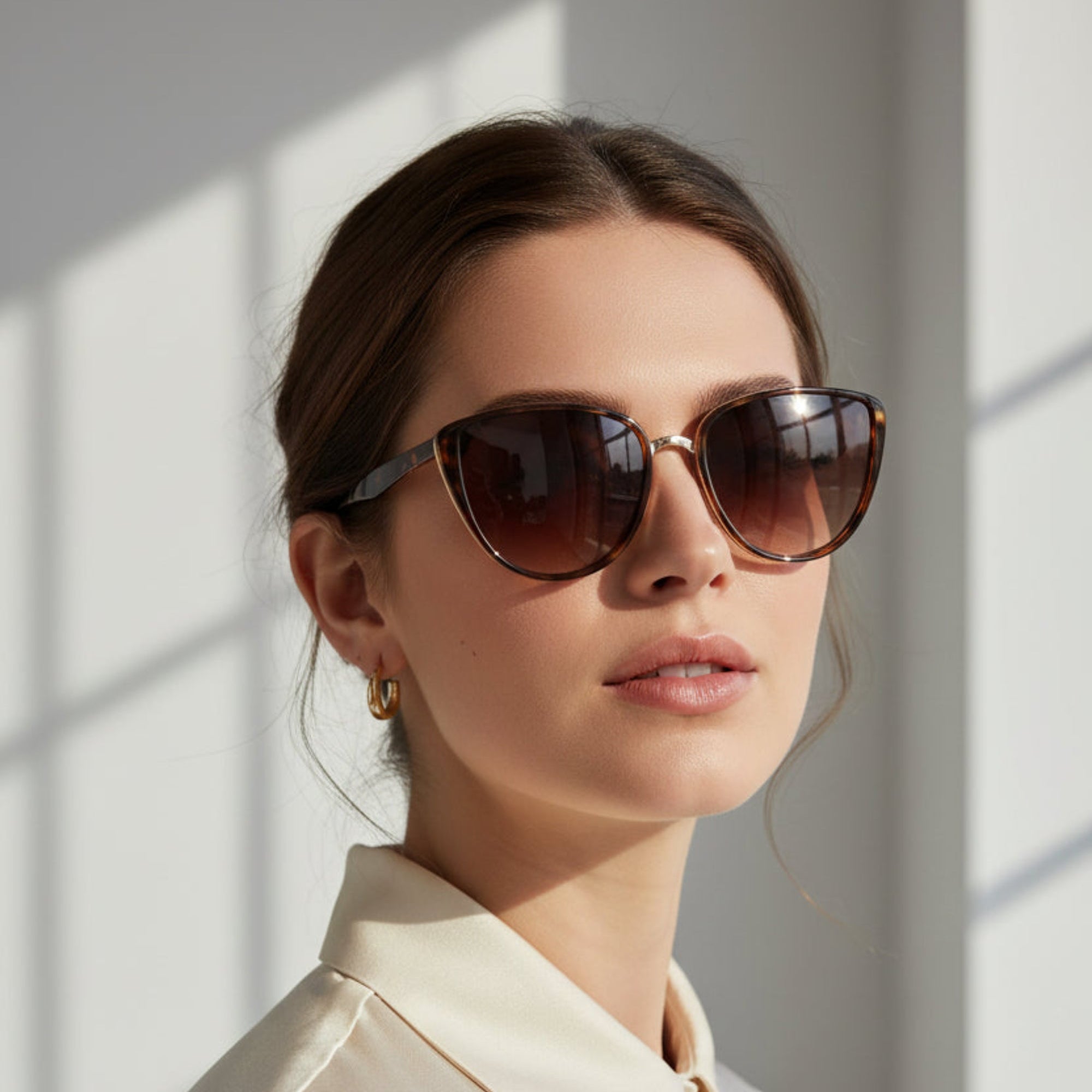 Sunglasses with tortoiseshell frame and brown lenses on a white background