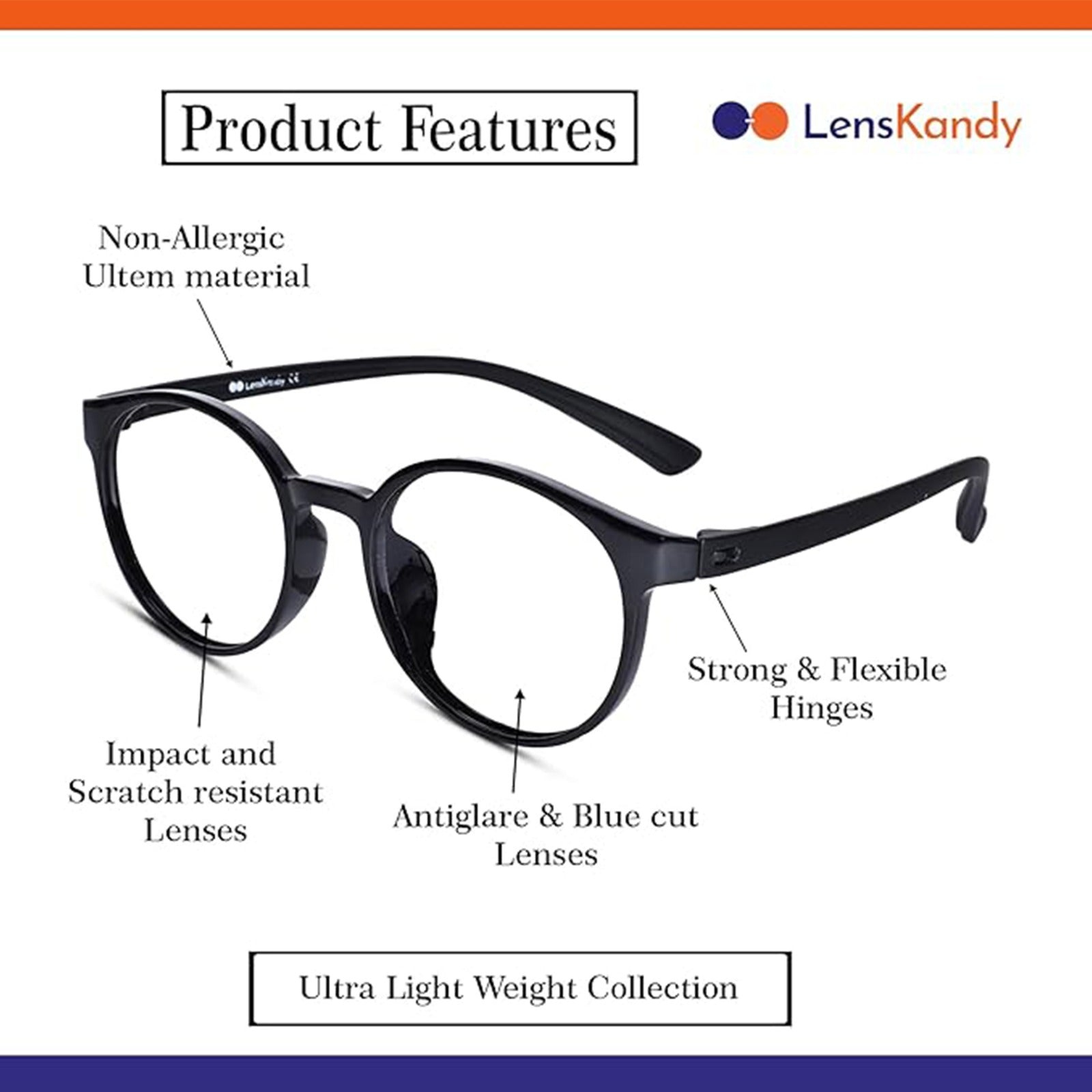 Flexible Shiny Black Round Eyeglasses
