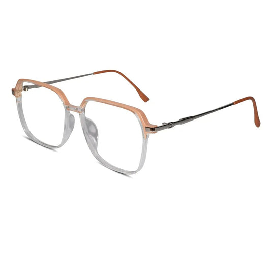 Side view of dual tone orange transparent oversize eyeglass frame elegant spectacles style for modern women