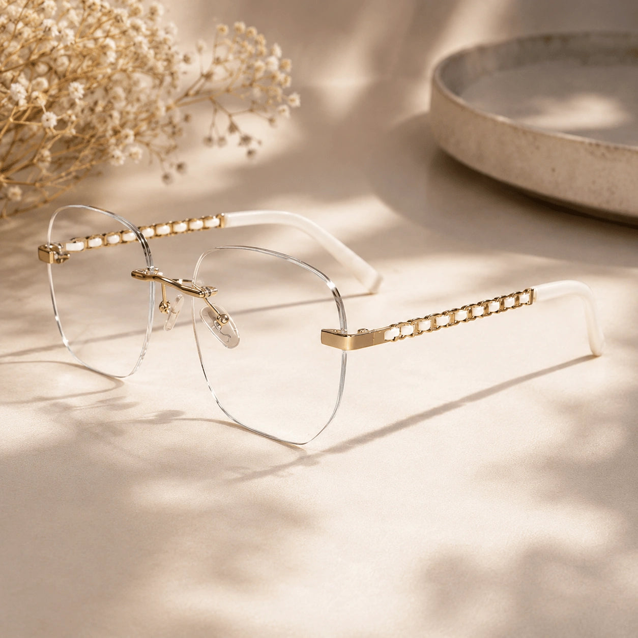 White Frameless Designer Eyeglasses For Women LKE23032-WHE-GOLD