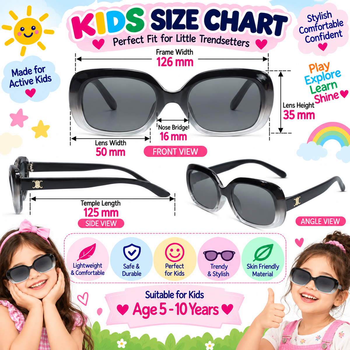 Lenskandy Girls Black Square Sunglasses for UV Protection LKE1997-BLK