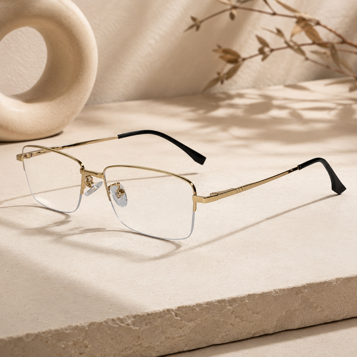 Sleek Golden Rectangular Half Rim Eyeglasses For Men LKS3010-GOLD