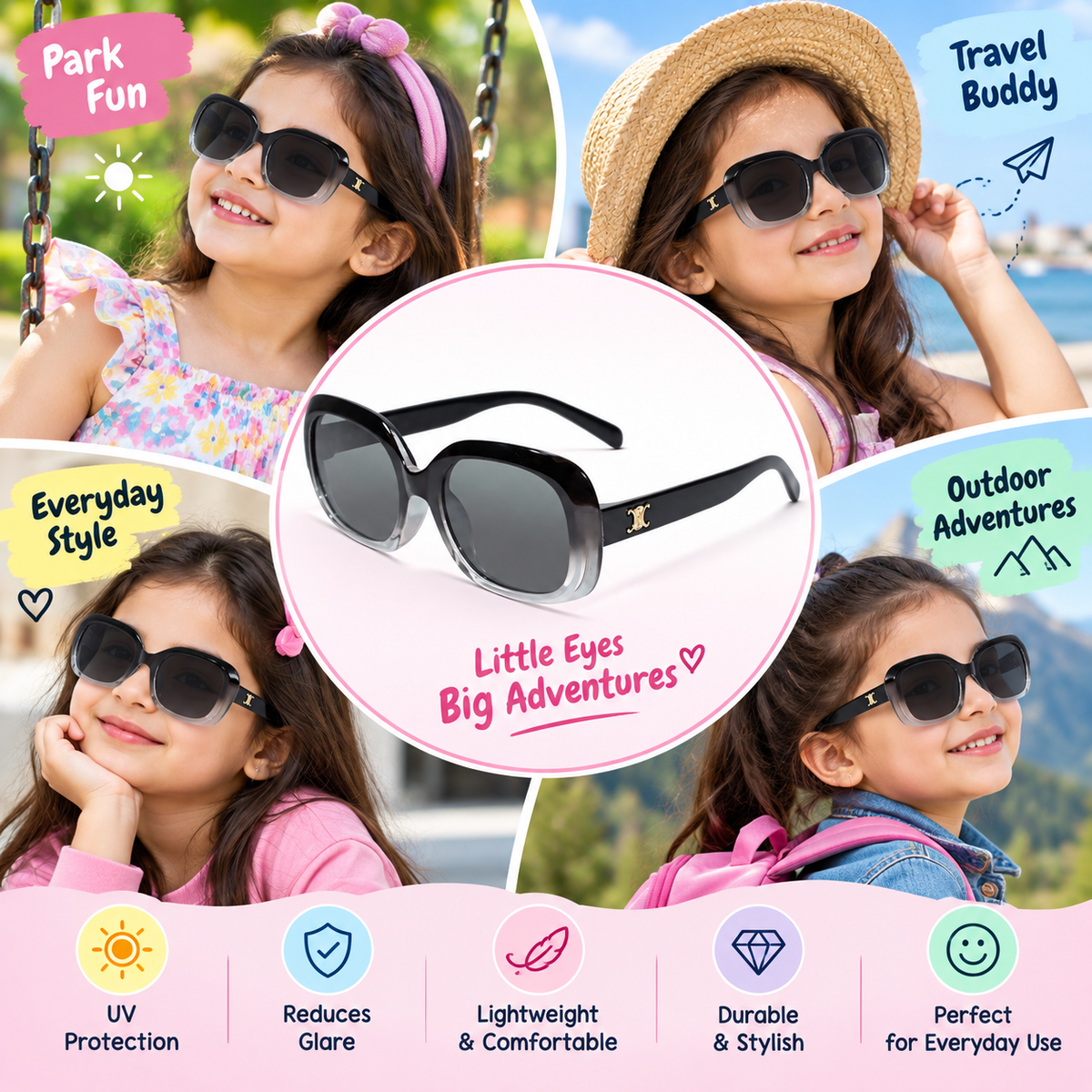 Lenskandy Girls Black Square Sunglasses for UV Protection LKE1997-BLK