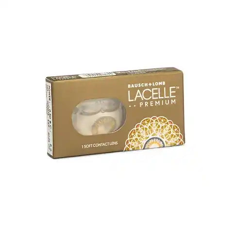 Close-up of Bausch & Lomb Lacelle Premium Blue lens packaging – monthly disposable blue eye enhancement lens