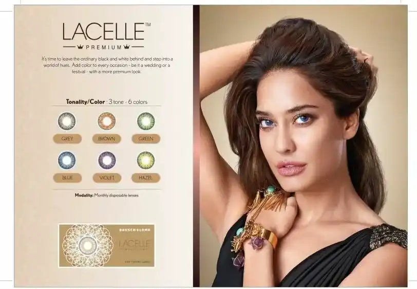 Angled image of Lacelle Premium Blue powered color lens 1 lens pack – cosmetic contact lens with monthly wear comfort