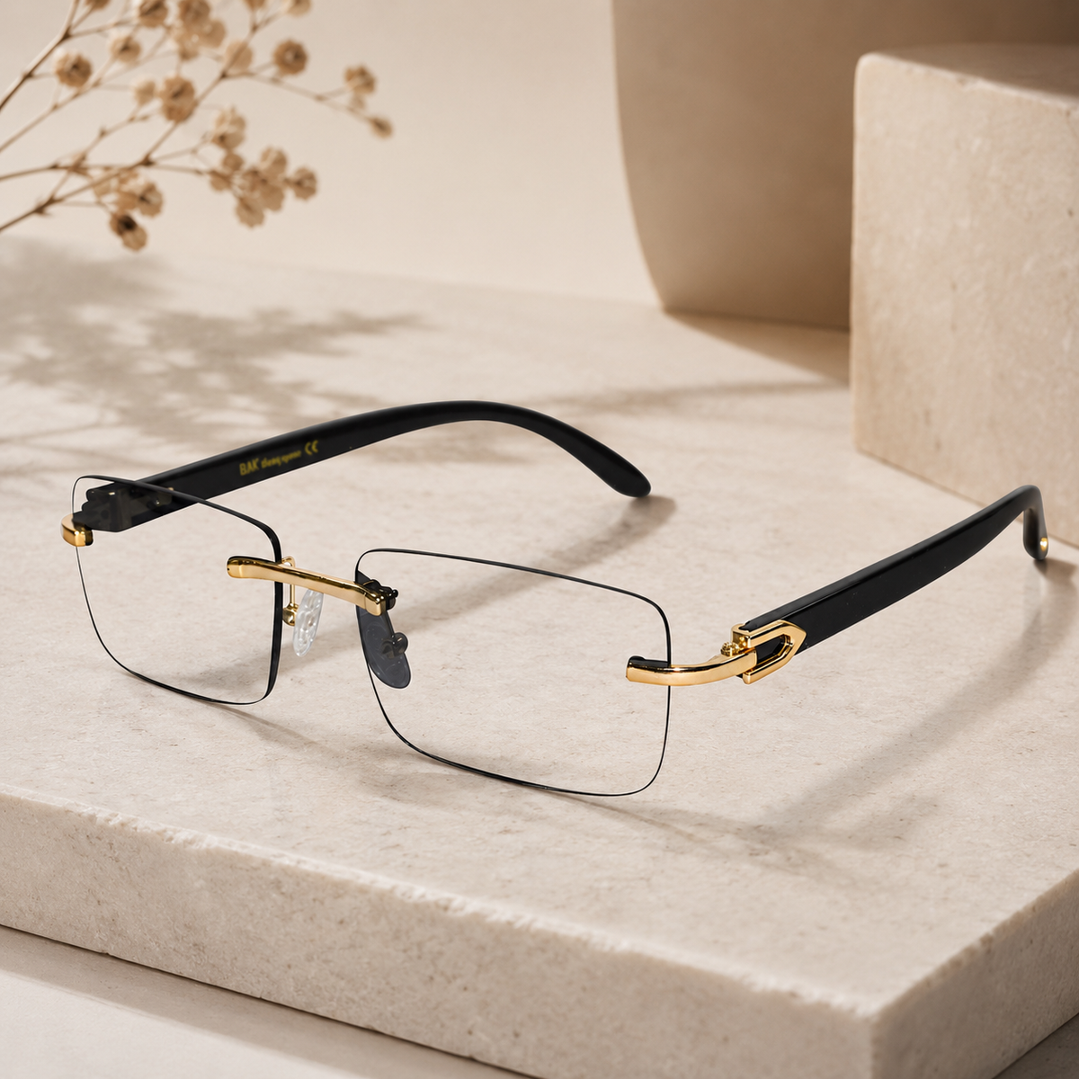 Designer Gold Black Reactngular Rimless Eyeglasses For Men ELE66042-BLK