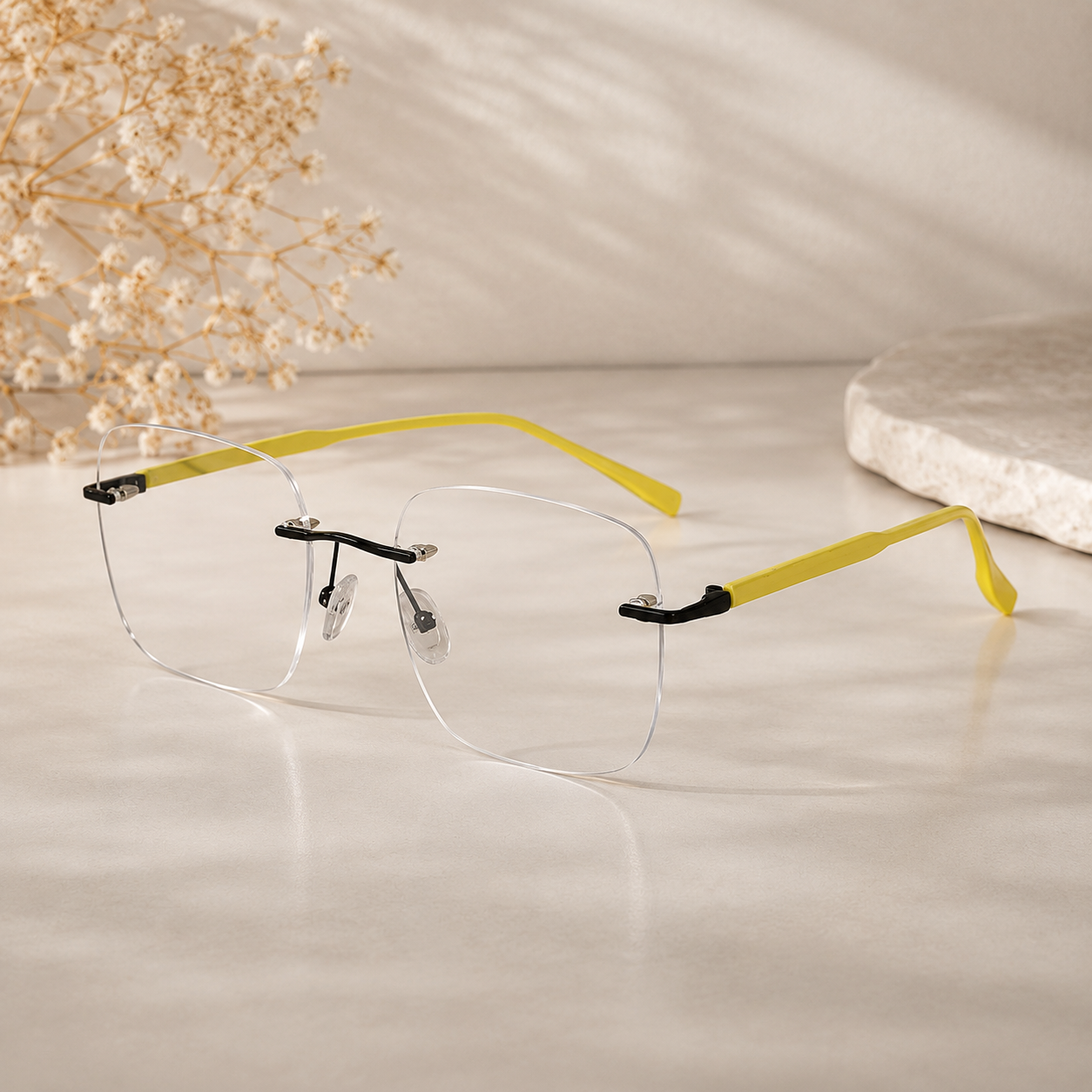 Yellow Frameless Square Eyeglasses For Men & Women LKE21092-YELLOW