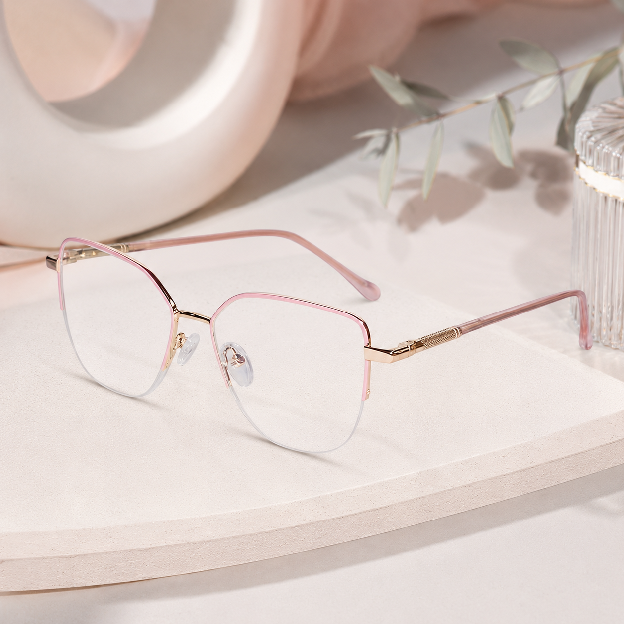 Pink Semi Frame Cateye Computer Glasses LKS26067-PNK