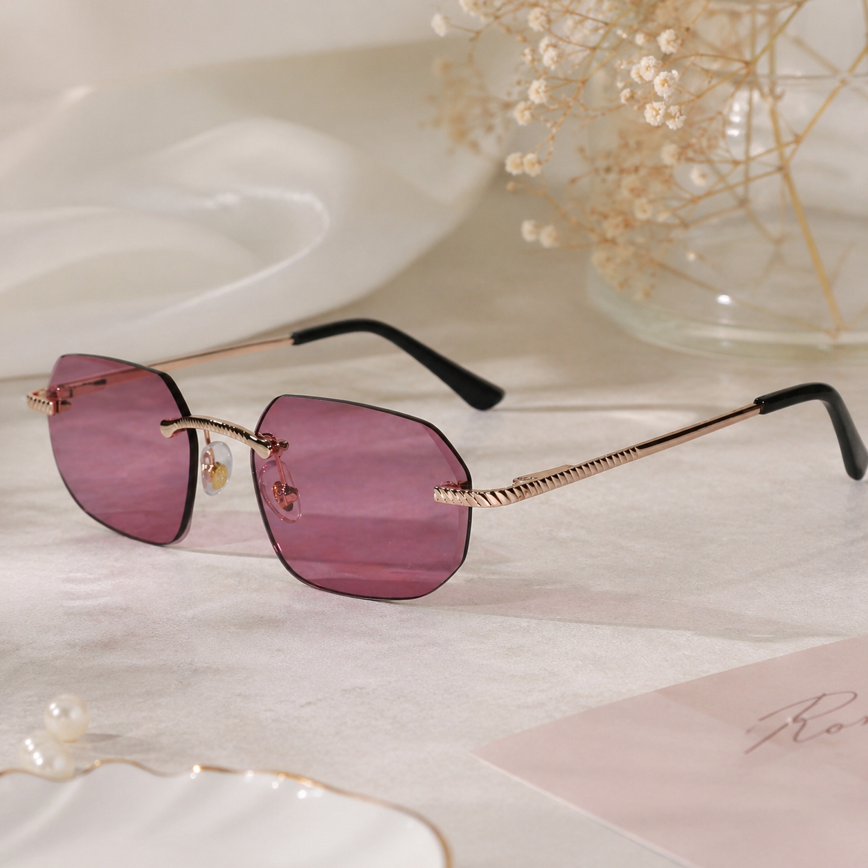 Rimless Square Sunglasses with Gold Sunglasses For Men & Women ELS2026S02-PNK