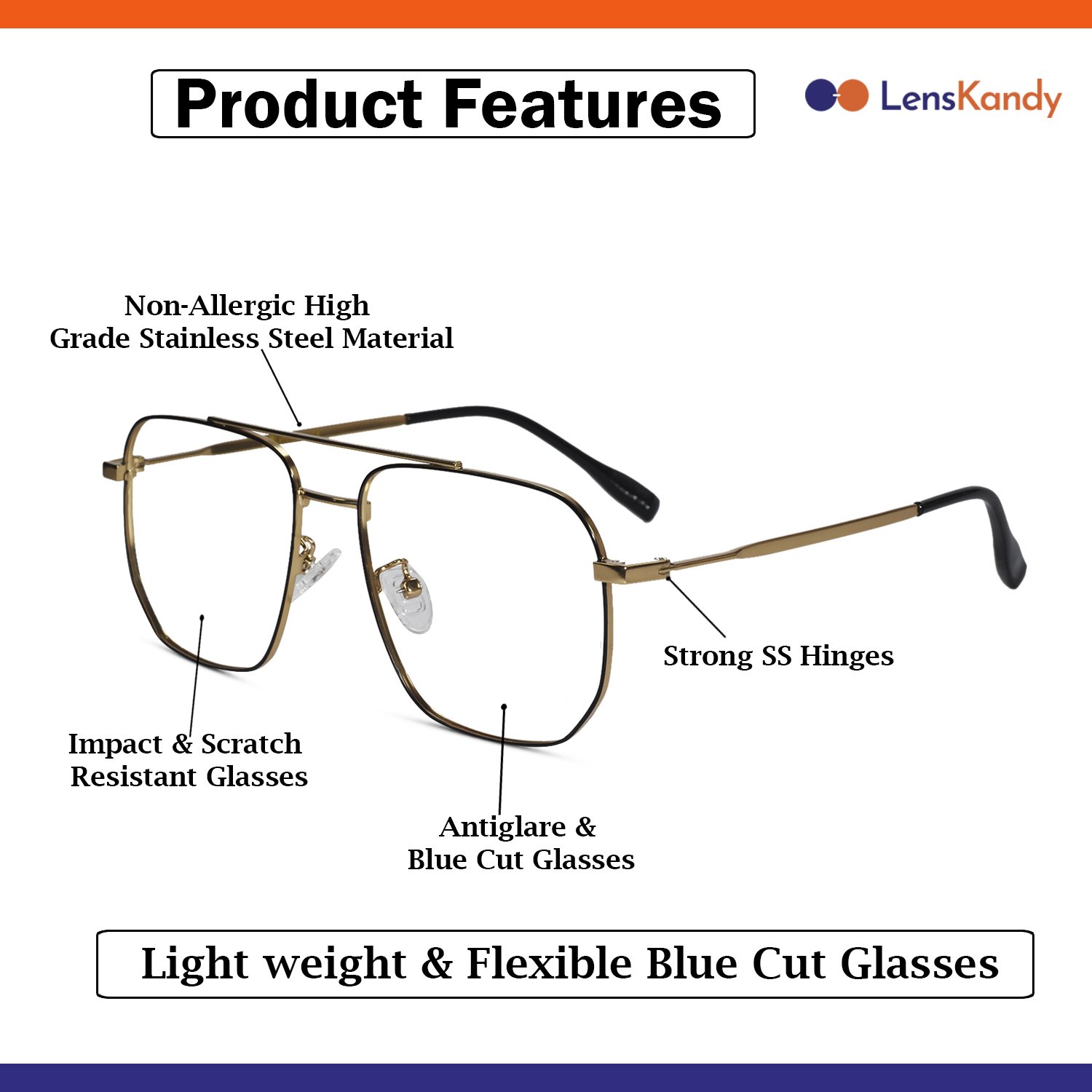 Rectangular Black Gold Eyeglasses For Men