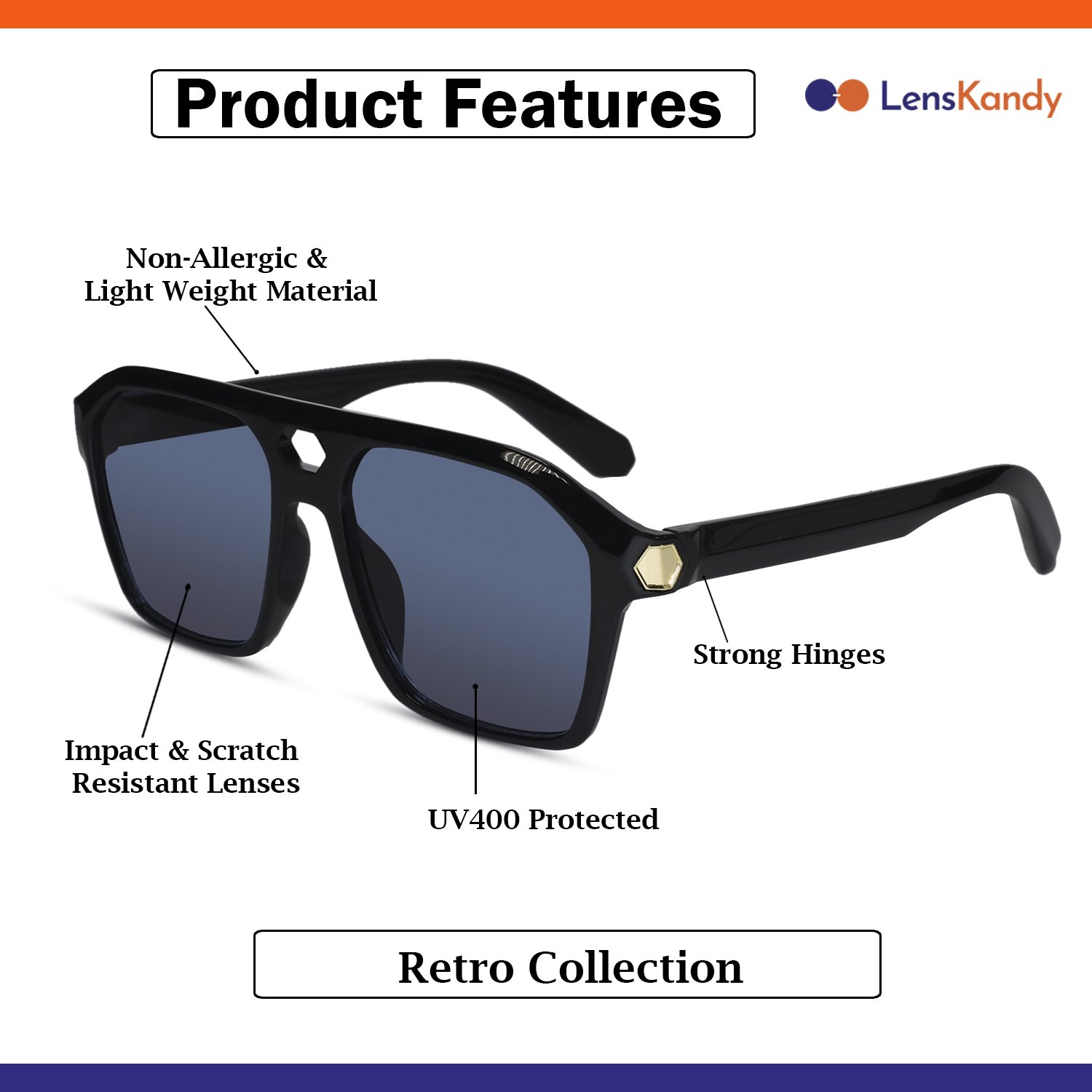 Stylish Bold Rectangular Black Sunglasses