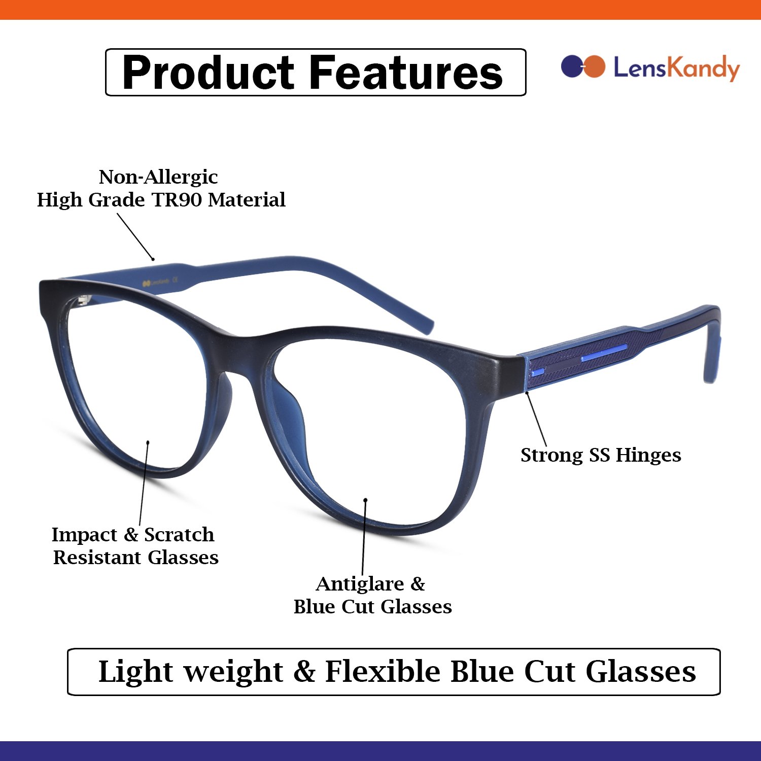Wayfarer Shape Blue Eyeglasses for Men & Women