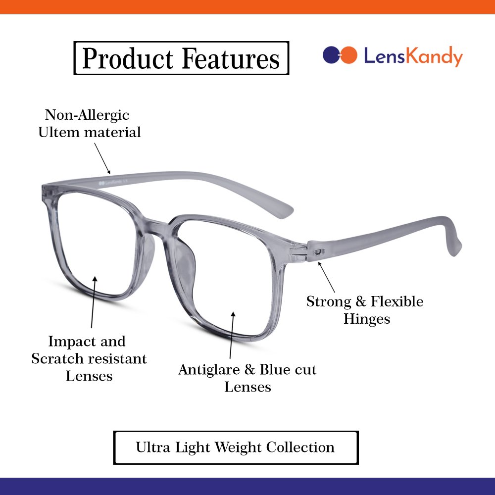 Light Weight Transparent Grey Rectangle Eyeglasses for Men & Women